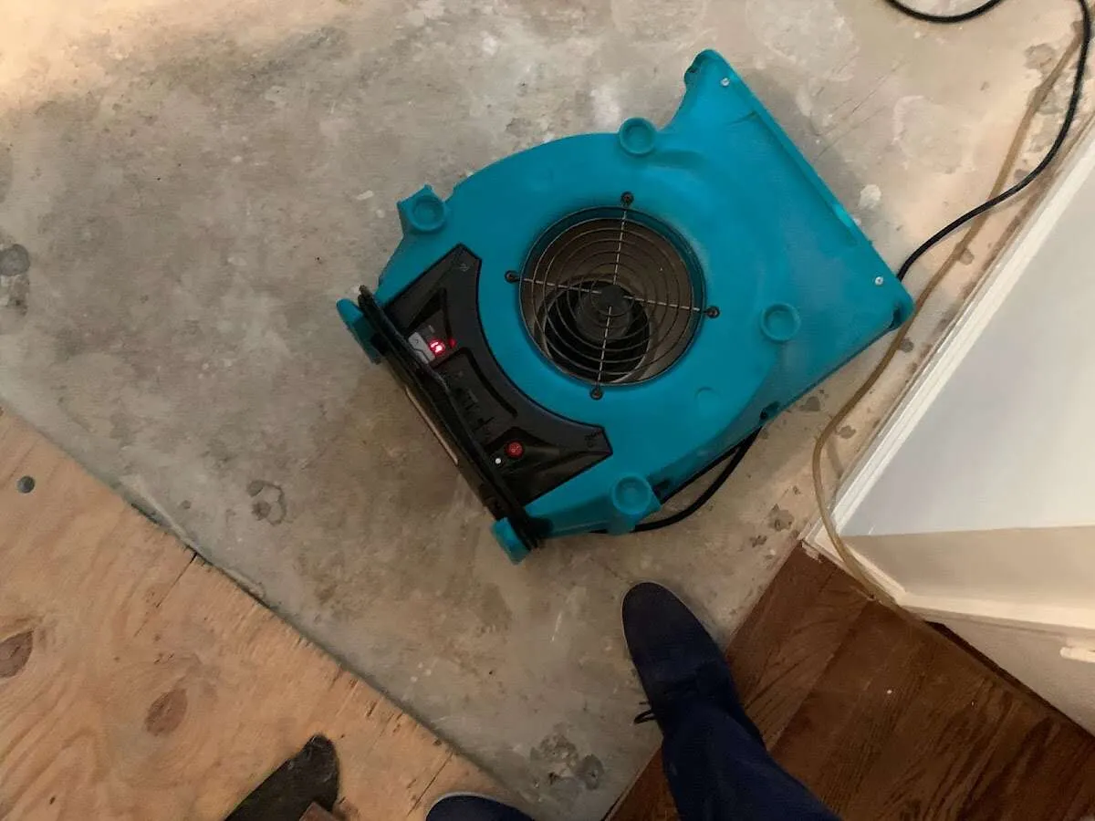 Air mover drying subfloor during Leak Detection & Repair in Lititz